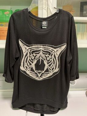 bobeau Black Knit Top With Embroidered Tiger Head, Relaxed XS